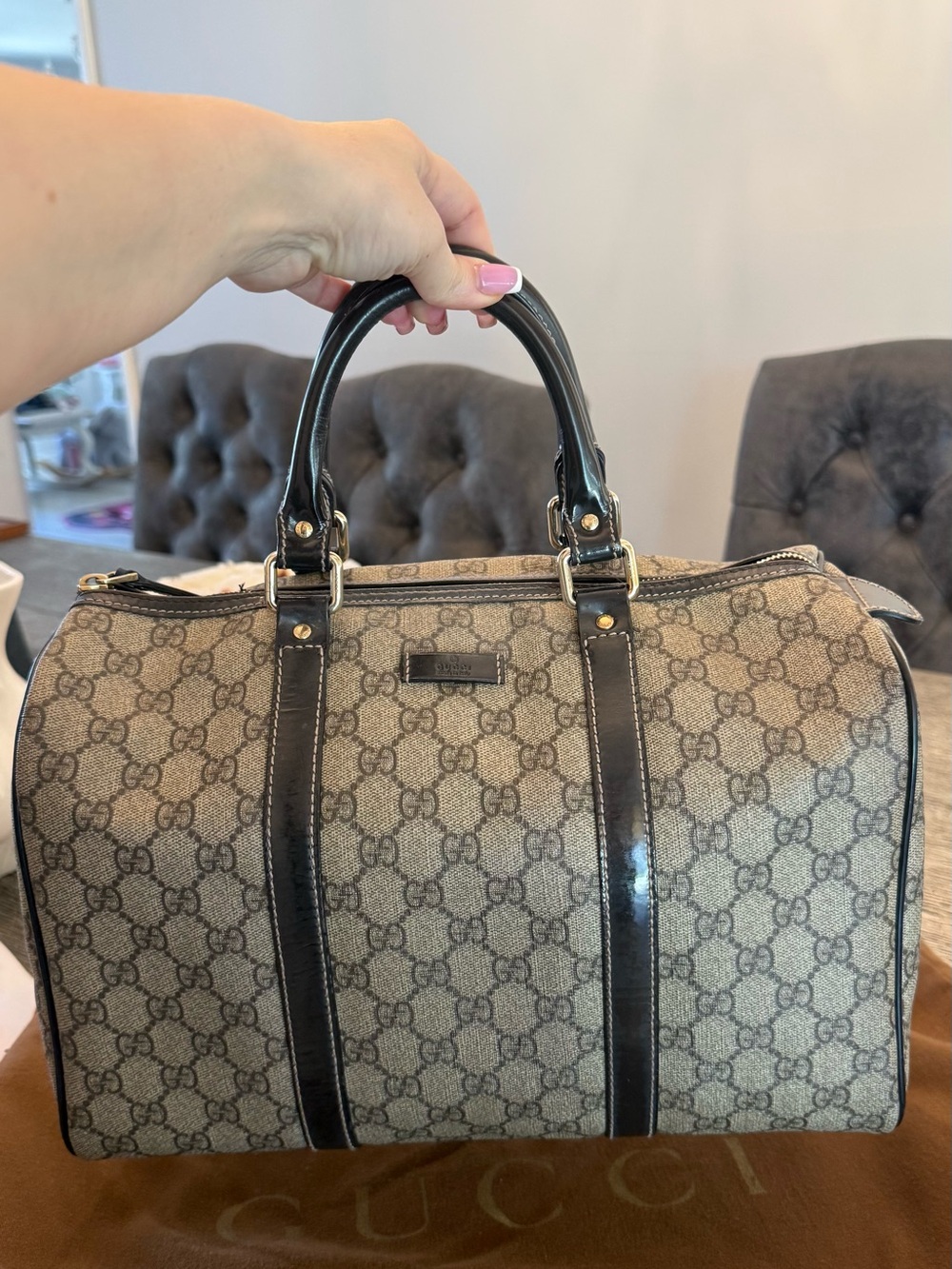 Gucci Brown GG Supreme Canvas Satchel with Black Leather Trim